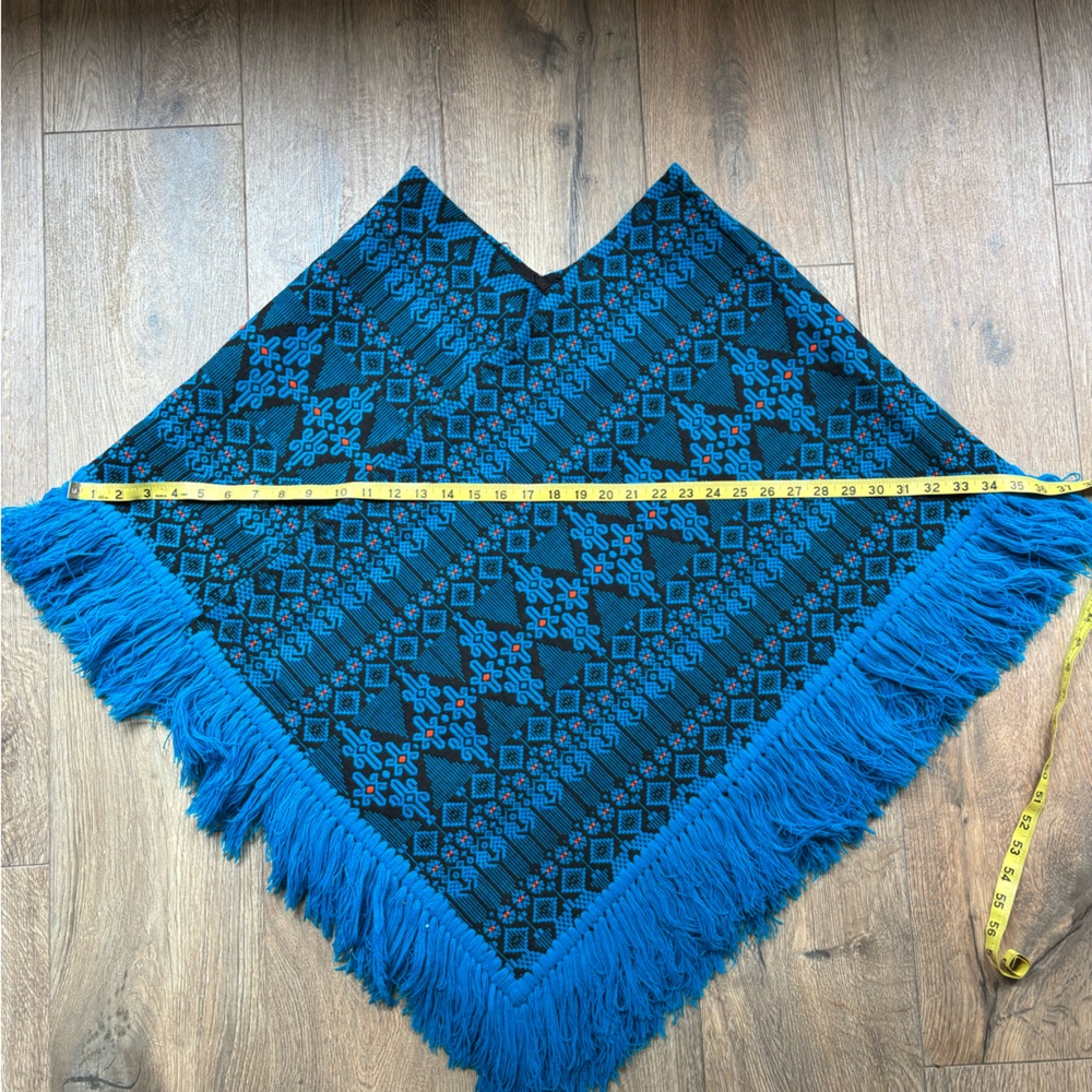 Vintage Guatemalan PONCHO Blue Black Orange Brocade Cotton Blend Hand Loomed - Picture 5 of 14